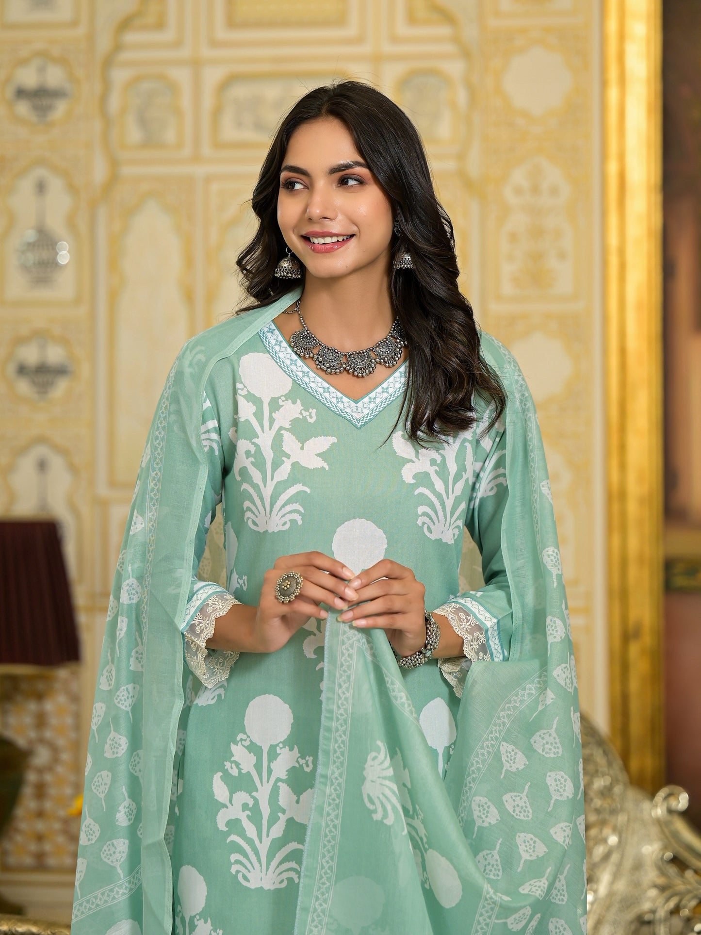 Women Green Embroidery Viscose Rayon Kurta, Pant And Dupatta Set