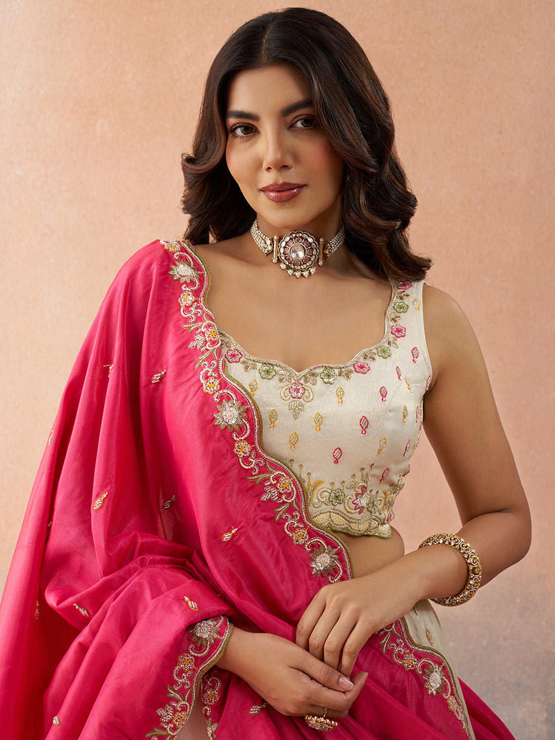 Cream- Cosmos Silk Beads & Sequins Embroidered Semi-Stitched Lehenga & Unstitched Blouse With Dupatta