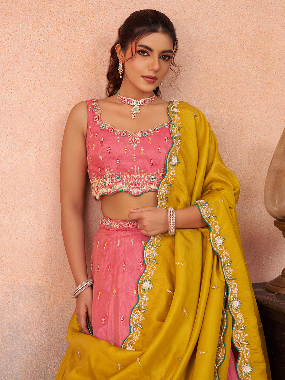 Pink- Cosmos Silk Beads & Sequins Embroidered Semi-Stitched Lehenga & Unstitched Blouse With Dupatta