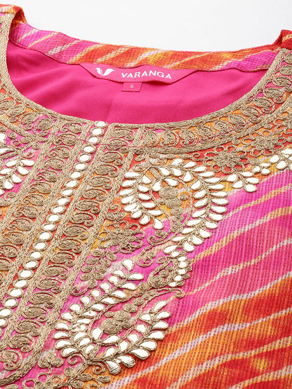 Dhiyona VR Women's Pink And Yellow Lehariya, Gota Embroidered Yoke Straight Kurta Paired With Tonal Bottom And Tonal Dupatta