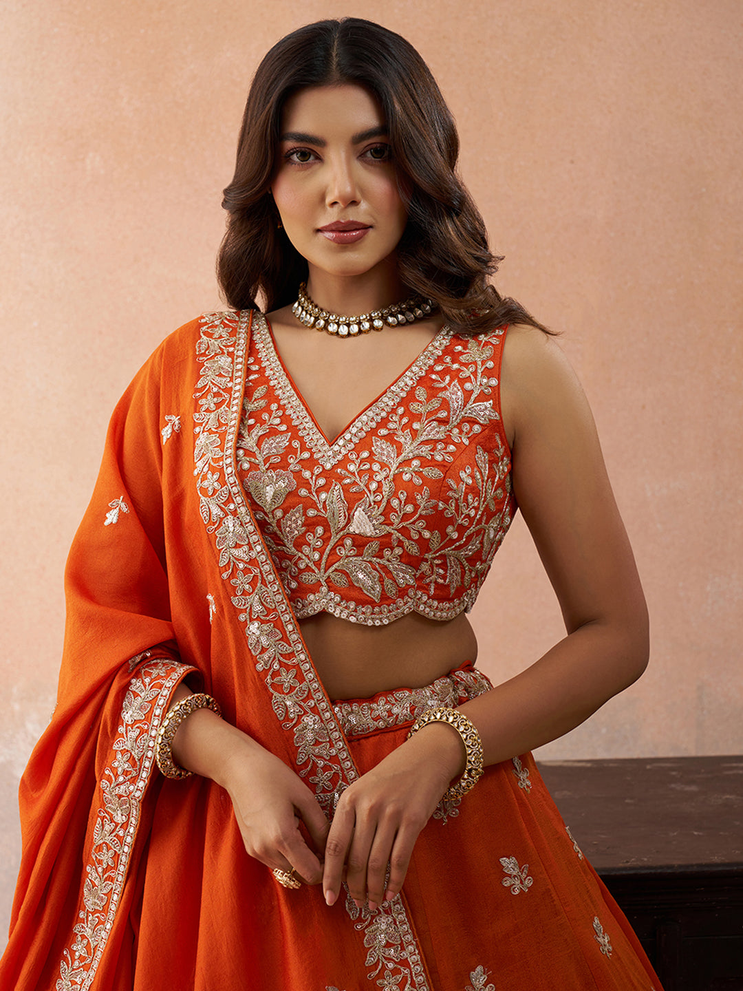 Orange- Tissue Sequinned with Zari Embroidered Semi-Stitched Lehenga & Unstitched Blouse With Dupatta