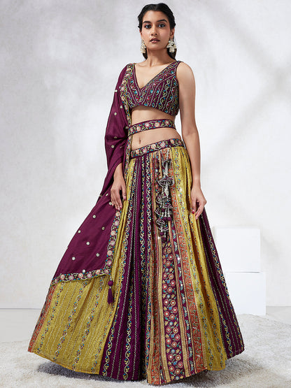 Women Burgundy Chiffon Position print with Sequins embroidery  Lehenga choli & Dupatta