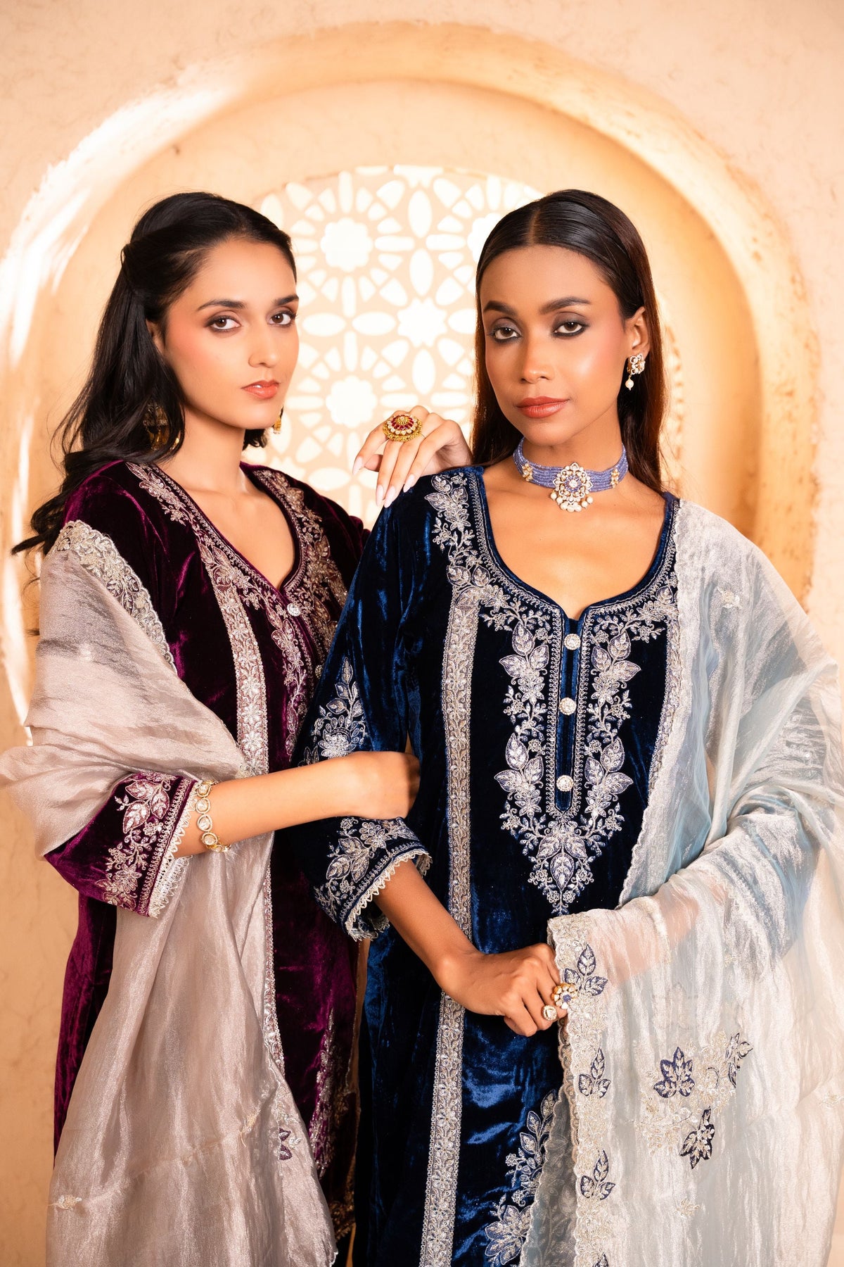 Zariya Silk Velvet Embroidered Navy Blue  Suit Set