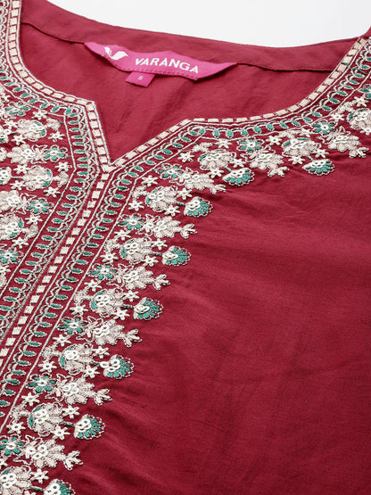 Dhiyona VR Women's Maroon Round Neck Yoke Embroidered Straight Kurta Paired With Tonal Embroidered Bottom And Contrast Dupatta With Fringes