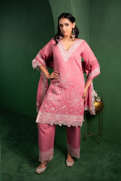 Ruh Mul Chanderi Embroidered Baby Pink  Suit Set