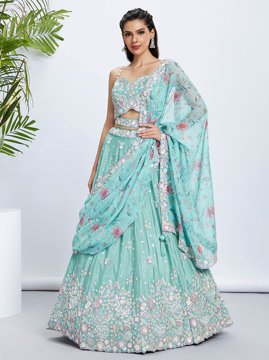 Women Sea green Chiffon Sequins and thread embroidery  Lehenga choli & Dupatta