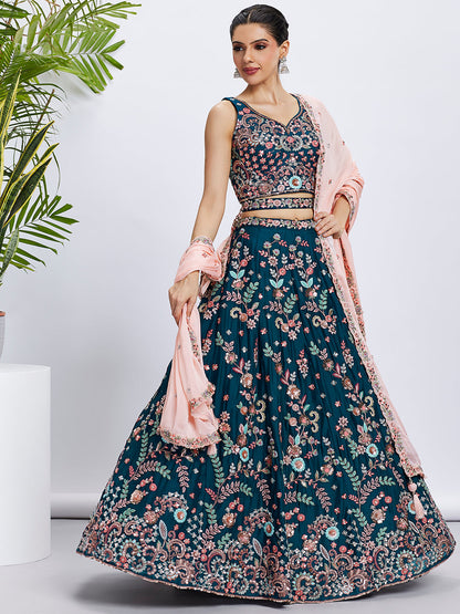 Women Teal Pure Georgette Sequins and thread embroidery  Lehenga choli & Dupatta