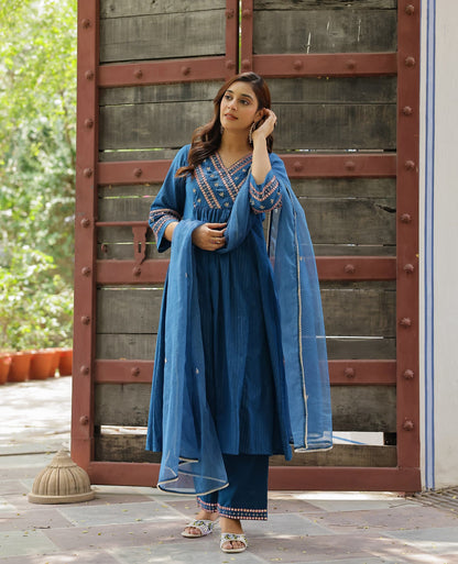 Rekha Blue Cotton Lurex Suit Set