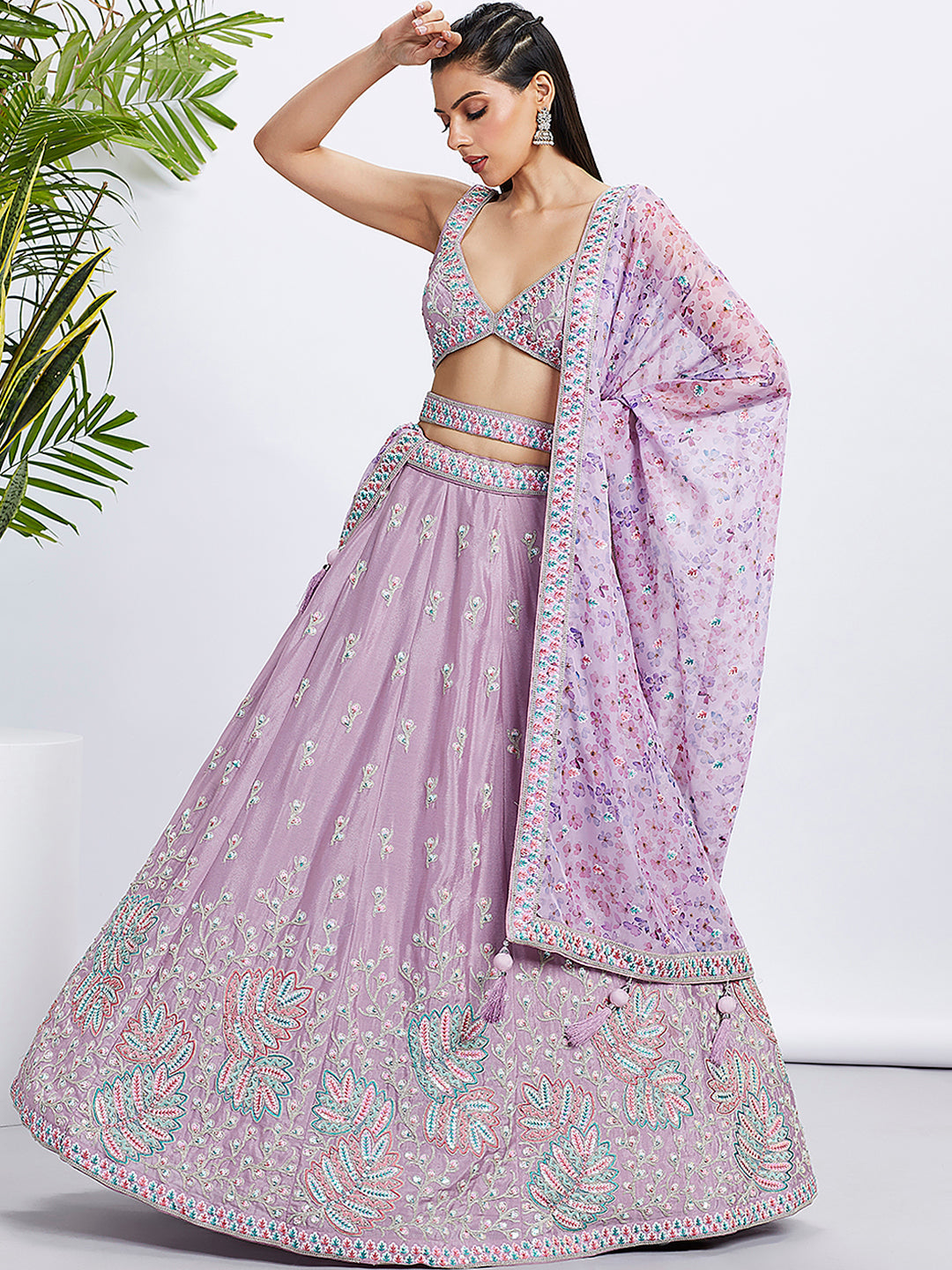 Women Lavender Pure Chiffon Sequins and thread embroidery  Lehenga choli & Dupatta