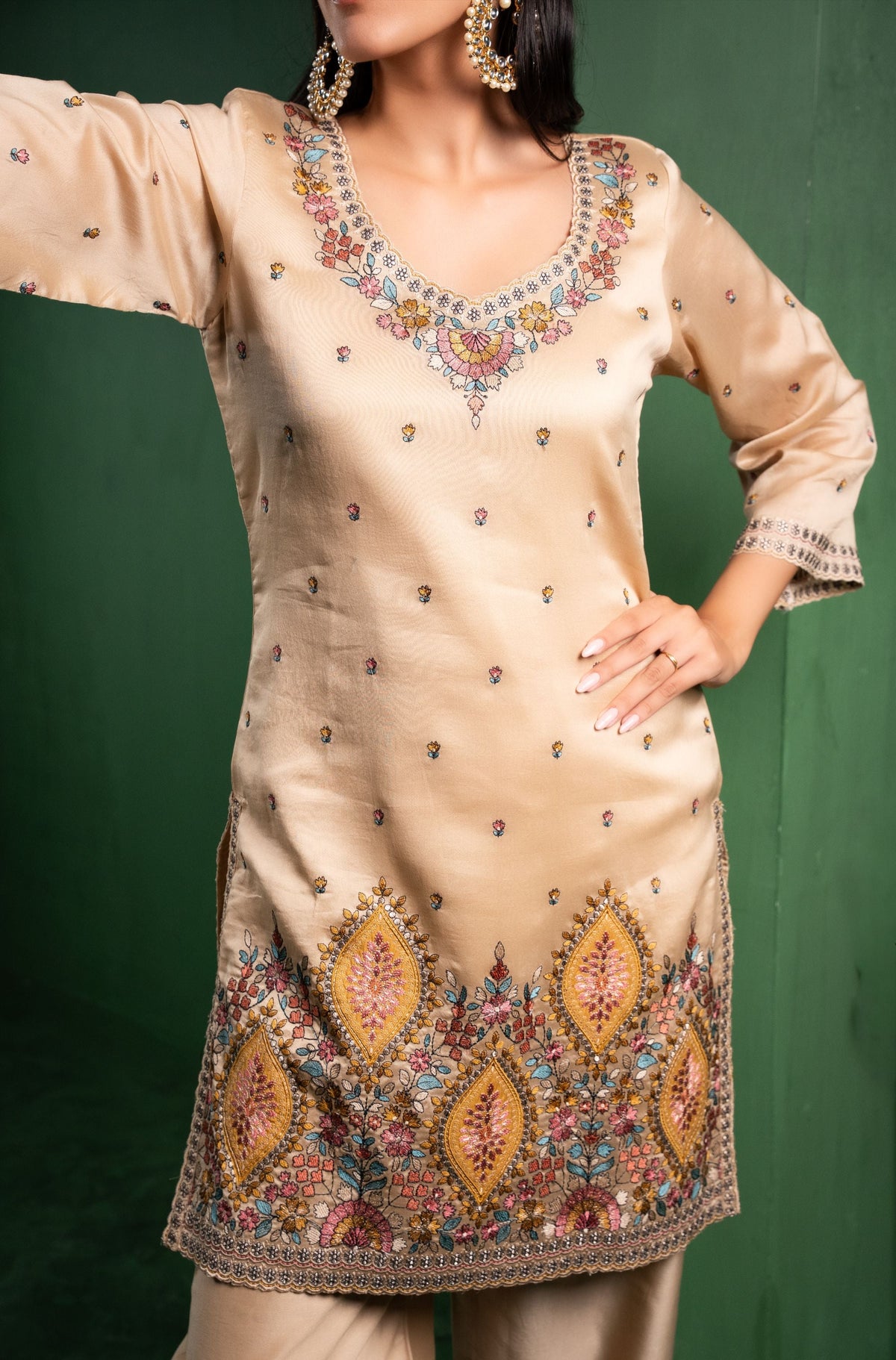 Meher Silk Chanderi Embroidered Beige  Suit Set