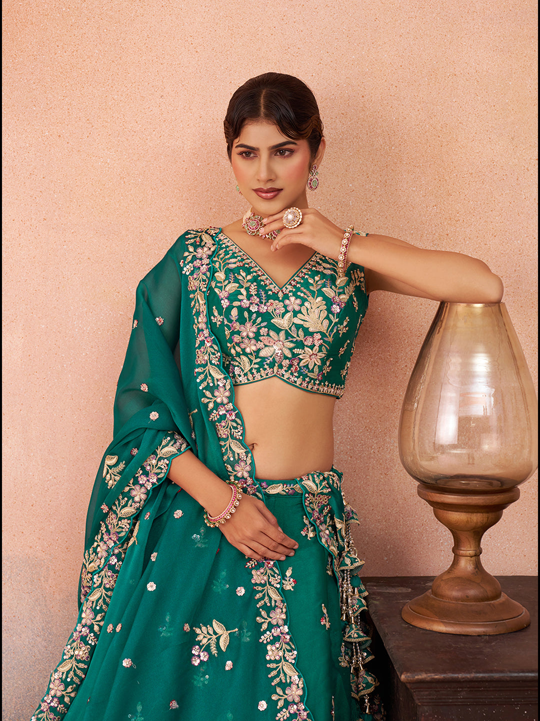 Green- Tissue Sequinned with Zari Embroidered Semi-Stitched Lehenga & Unstitched Blouse With Dupatta