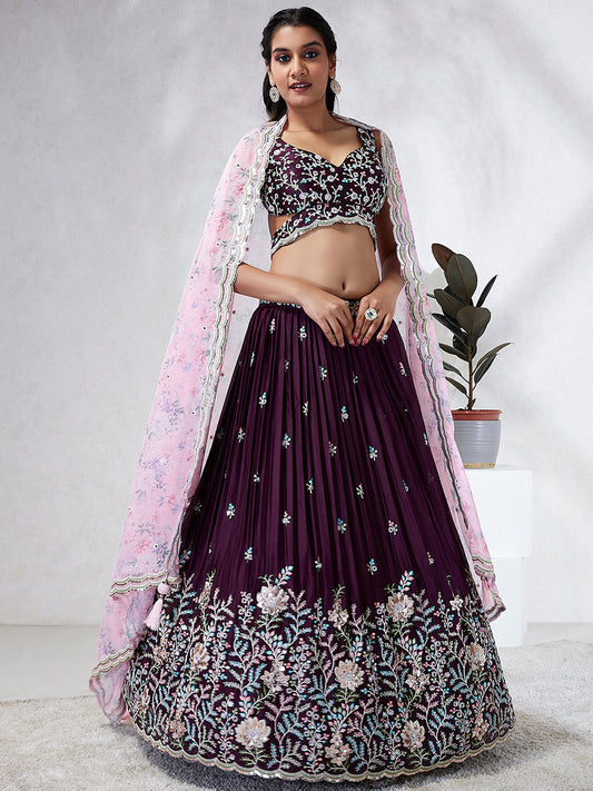 Women Burgundy Georgette Sequins, Mirror and thread embroidery  Lehenga choli & Dupatta