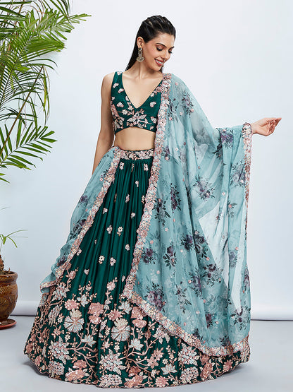 Women Green Pure Georgette Sequins and thread embroidery  Lehenga choli & Dupatta