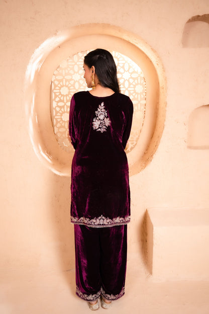 Zariya Silk Velvet Embroidered Wine  Suit Set