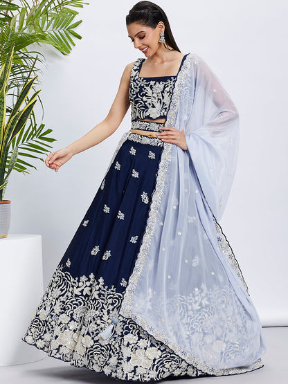 Women Navy blue Pure Georgette Sequins and thread embroidery  Lehenga choli & Dupatta