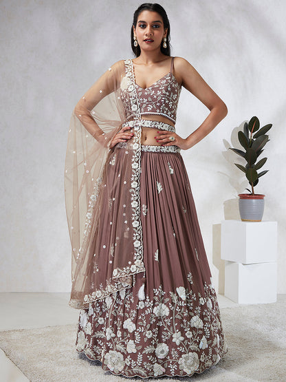 Women Rose gold Pure Georgette Sequins and thread embroidery  Lehenga choli & Dupatta