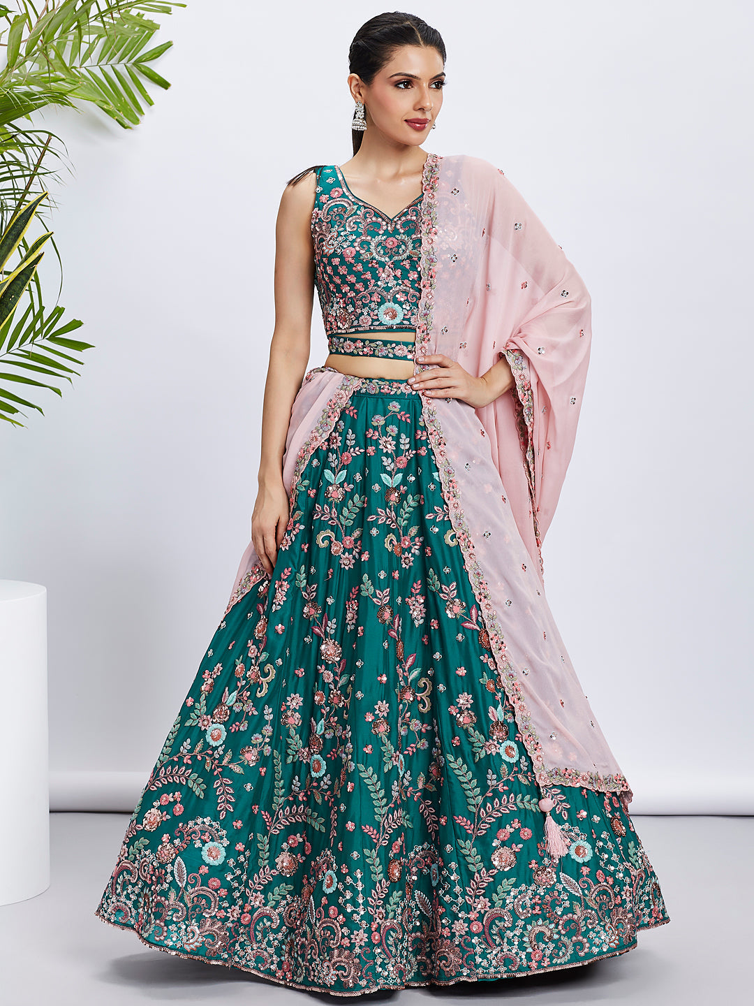 Women Green Pure Georgette Sequins and thread embroidery  Lehenga choli & Dupatta