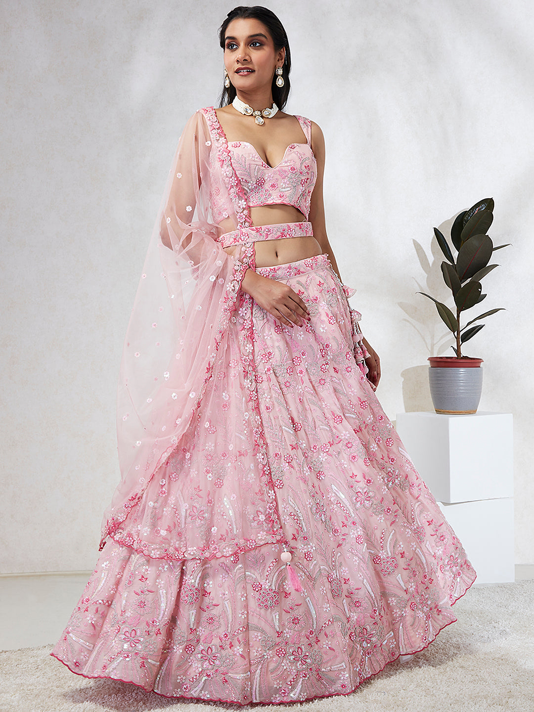 Women Pink Georgette Sequins and thread embroidery  Lehenga choli & Dupatta