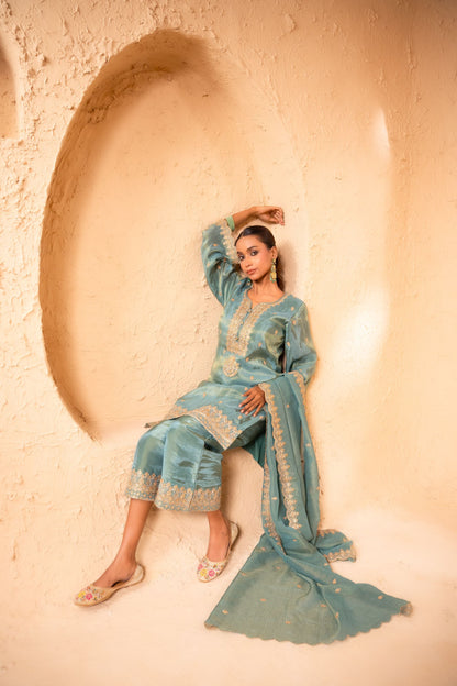 Leher Tissue Embroidered Sky Blue  Suit Set