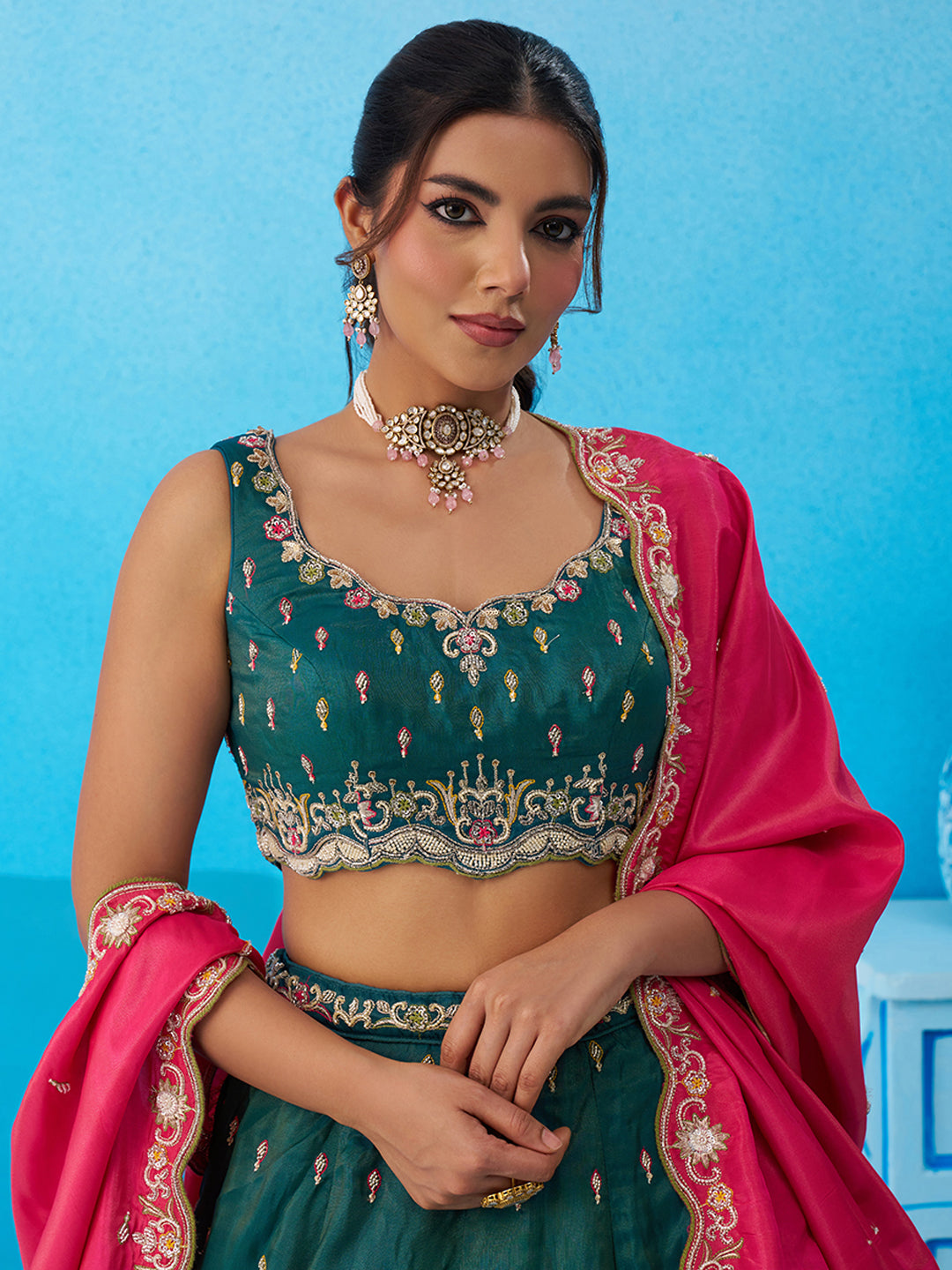 Teal- Cosmos Silk Beads & Sequins Embroidered Semi-Stitched Lehenga & Unstitched Blouse With Dupatta