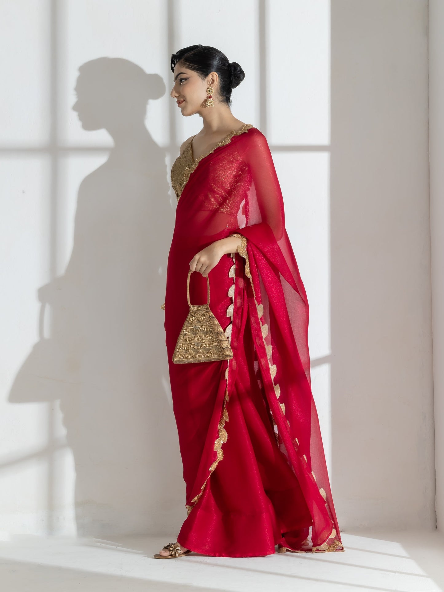 Dhiyona ST Vermilion Red Shimmer Chiffon Saree with Leaf Beaded Lace and Self Blouse Fabric