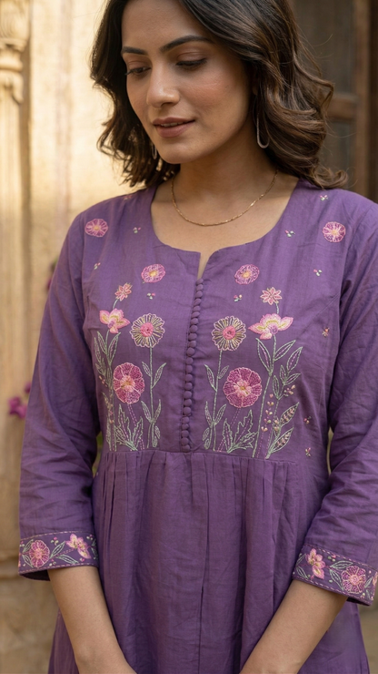 Chandri Lavender Embroidered Kurta Pant Set