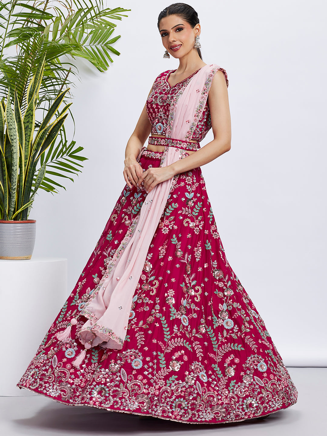 Women Rose Pure Georgette Sequins and thread embroidery  Lehenga choli & Dupatta