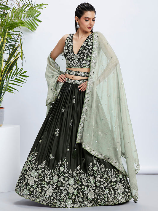 Women Olive Pure Georgette Sequins and thread embroidery  Lehenga choli & Dupatta