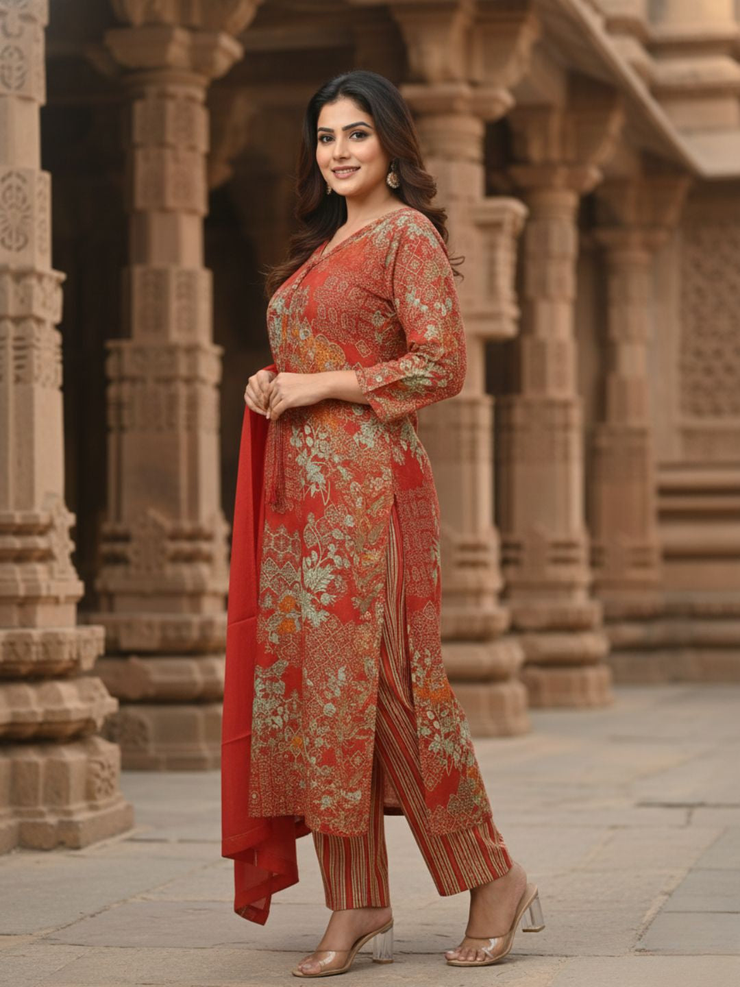 Reet Carmine Printed Work Suit Set