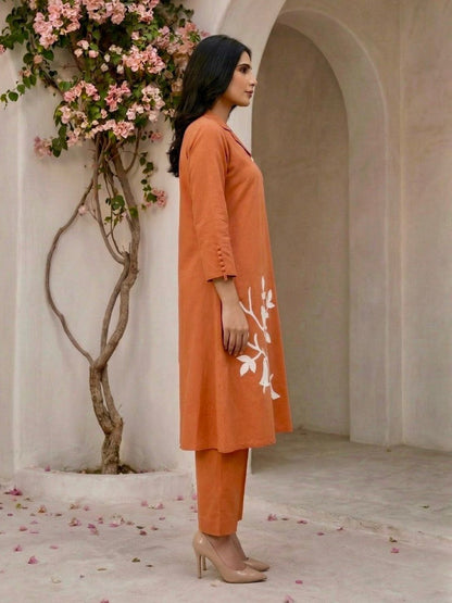 Tanu apricot emboidery cotton kurta pant set