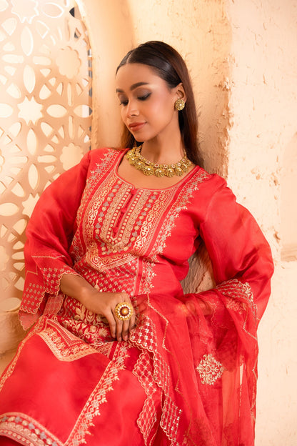 Sanjh Chanderi Embroidered Red  Suit Set