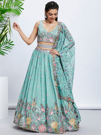 Women Turquoise blue Chiffon Sequins and thread embroidery  Lehenga choli & Printed Dupatta