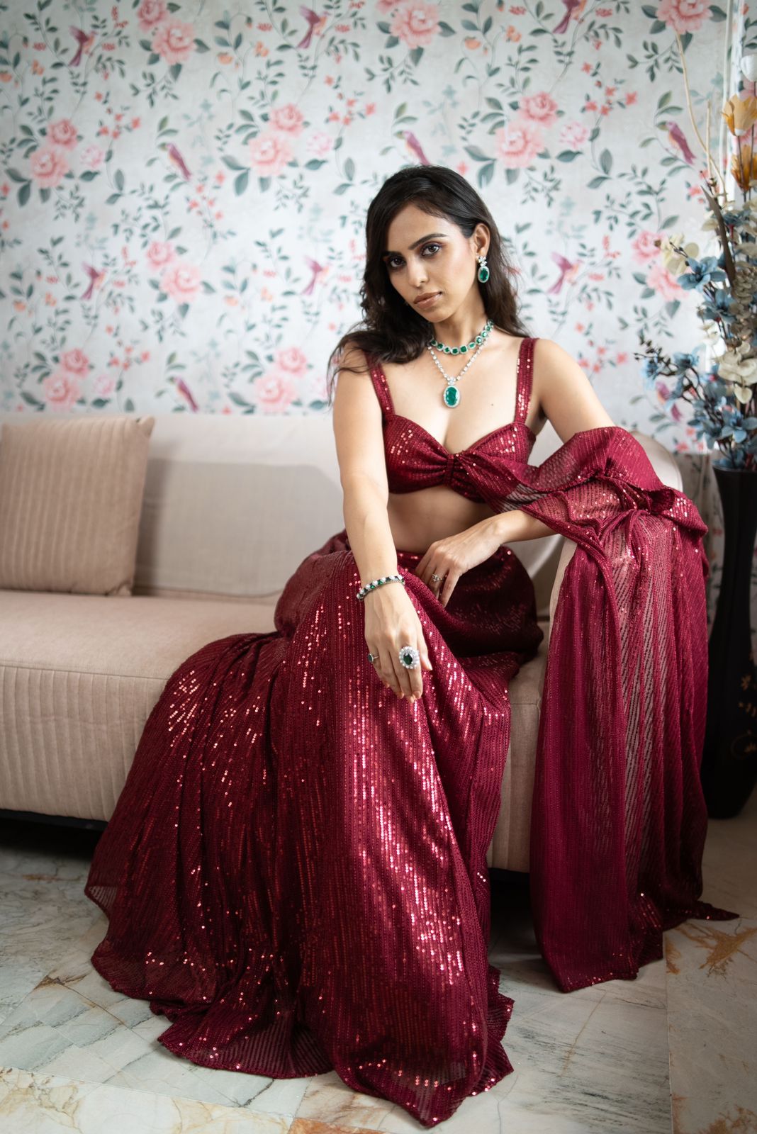 Dhiyona ST 2 pc SET - Maroon Knit Sequined Lehenga with Blouse with Dupatta