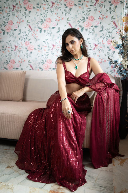Dhiyona ST 2 pc SET - Maroon Knit Sequined Lehenga with Blouse with Dupatta