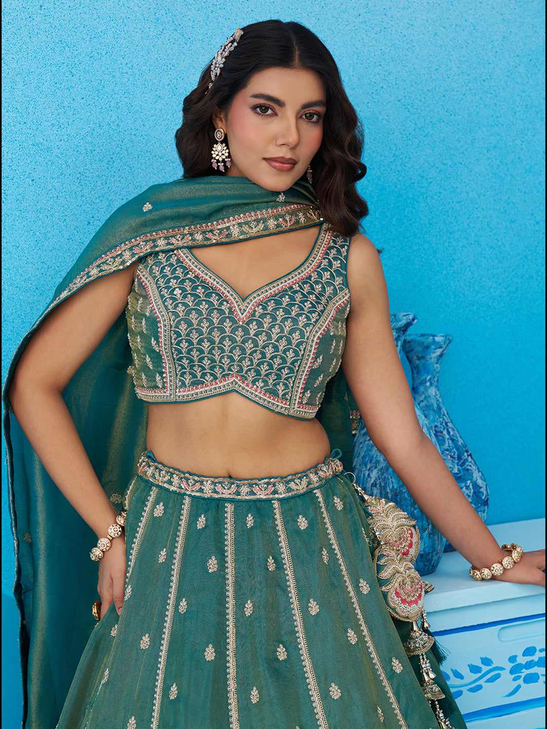 Teal- Tissue Beads & Sequins Embroidered Semi-Stitched Lehenga & Unstitched Blouse With Dupatta