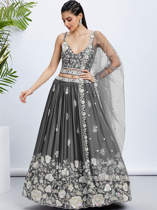 Women Grey Pure Georgette Sequins and thread embroidery  Lehenga choli & Dupatta