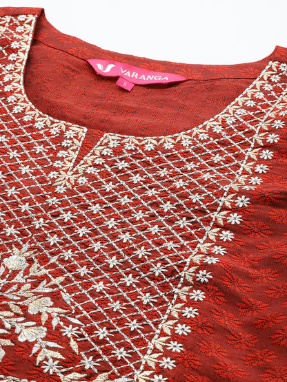 Dhiyona VR Women's Round Neck Yoke Embroidered Straight Kurta Paired With Tonal Bottom And Printed Dupatta