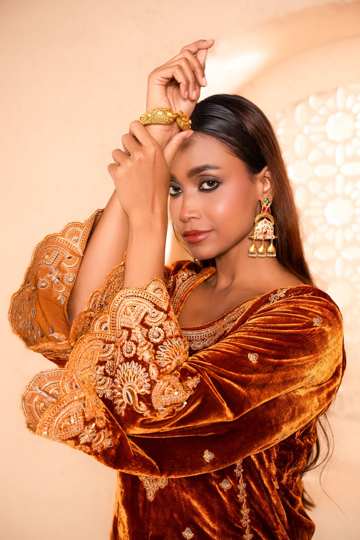 Saaz Silk Velvet Embroidered Rust  Suit Set