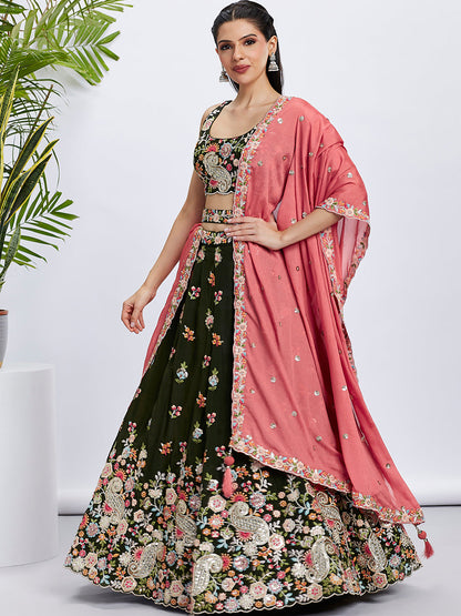 Women Olive Organza Sequins and thread embroidery  Lehenga choli & Dupatta