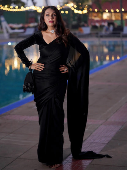 Dhiyona ST Pre-Draped 1-Minute Black Satin Saree with Big diamonds  and Blouse Fabric