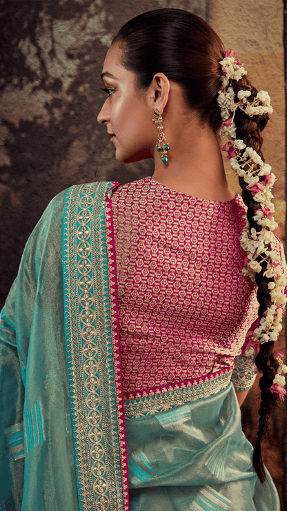 Dhiyona KM Women Royal Radiance “ Blue Jacquard Silk Saree With Rich Red Border