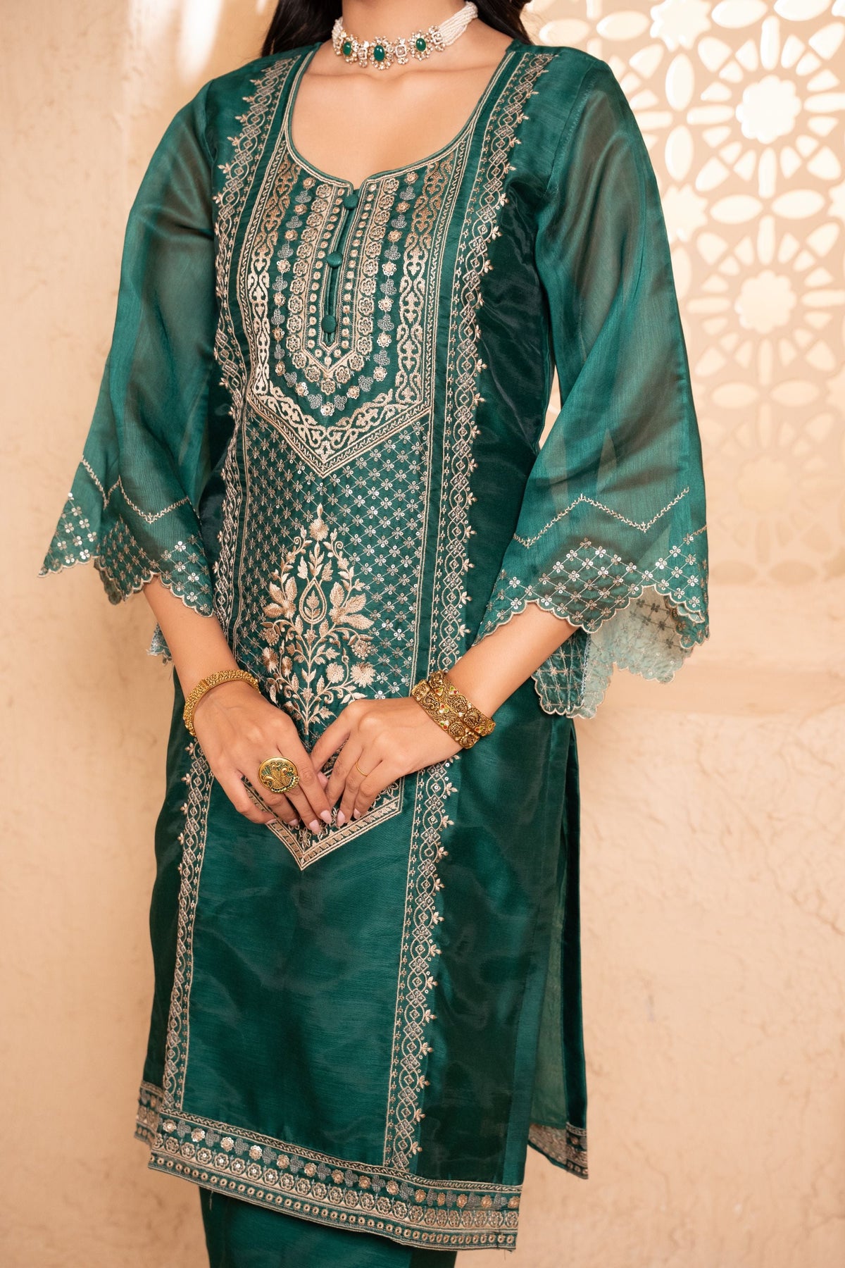 Sanjh Chanderi Embroidered Emerald  Suit Set