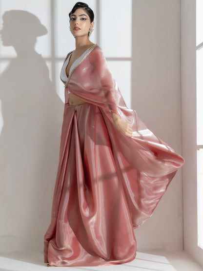 Dhiyona ST Mettalic Bloom Organza Satin Saree  with Diamond Studs and Self Blouse Fabric