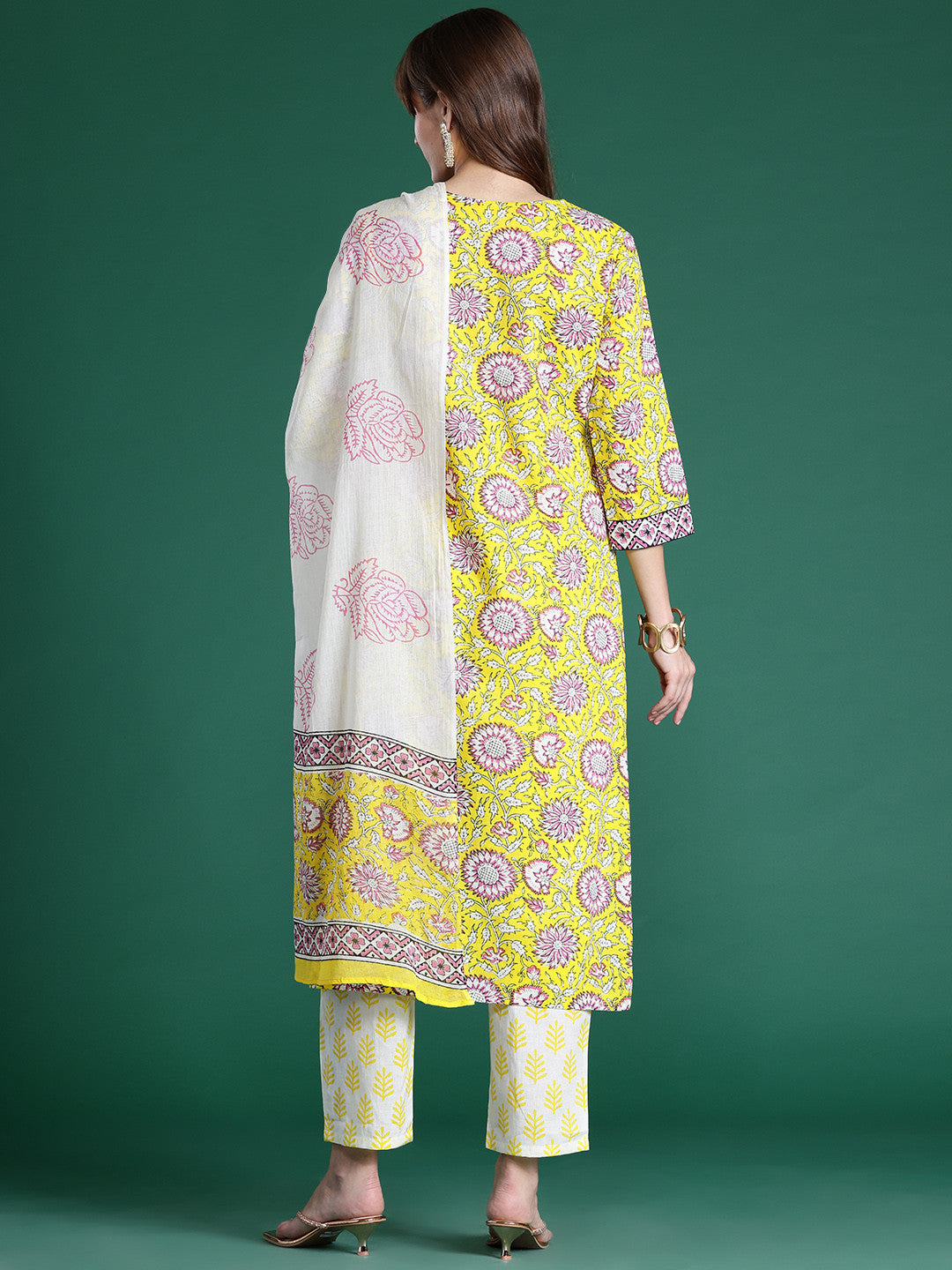 Floral Printed Pure Cotton Kurta with Trousers & Dupatta