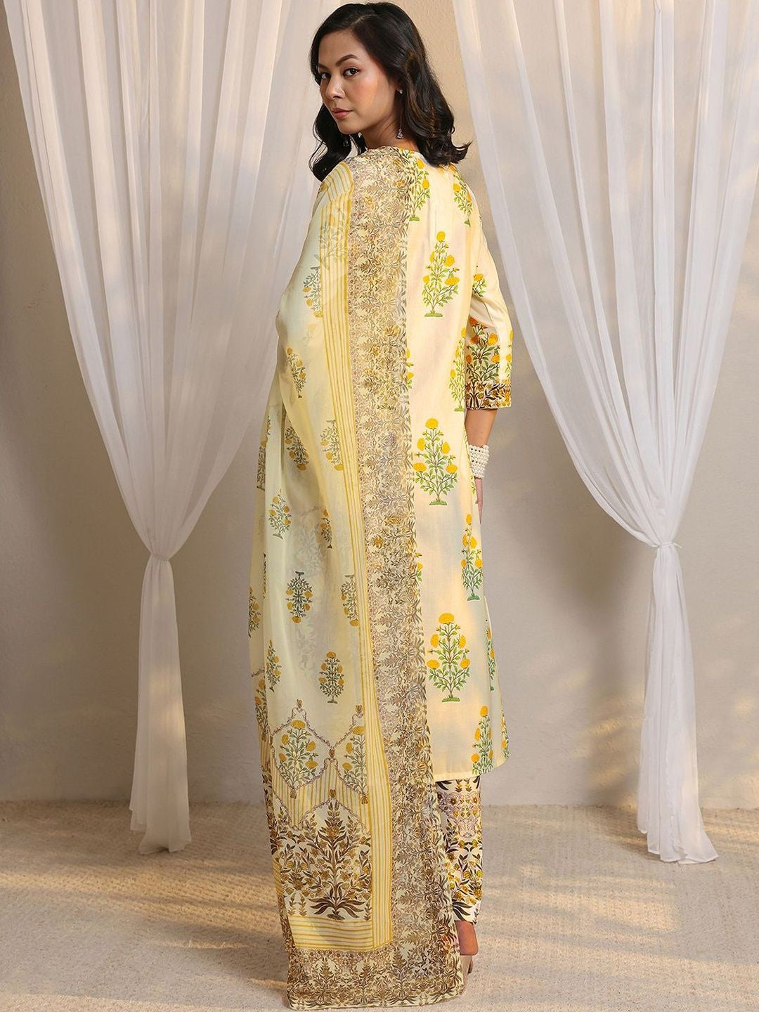 Off White Floral Printed Chanderi Silk Straight Suit Set with Dupatta
