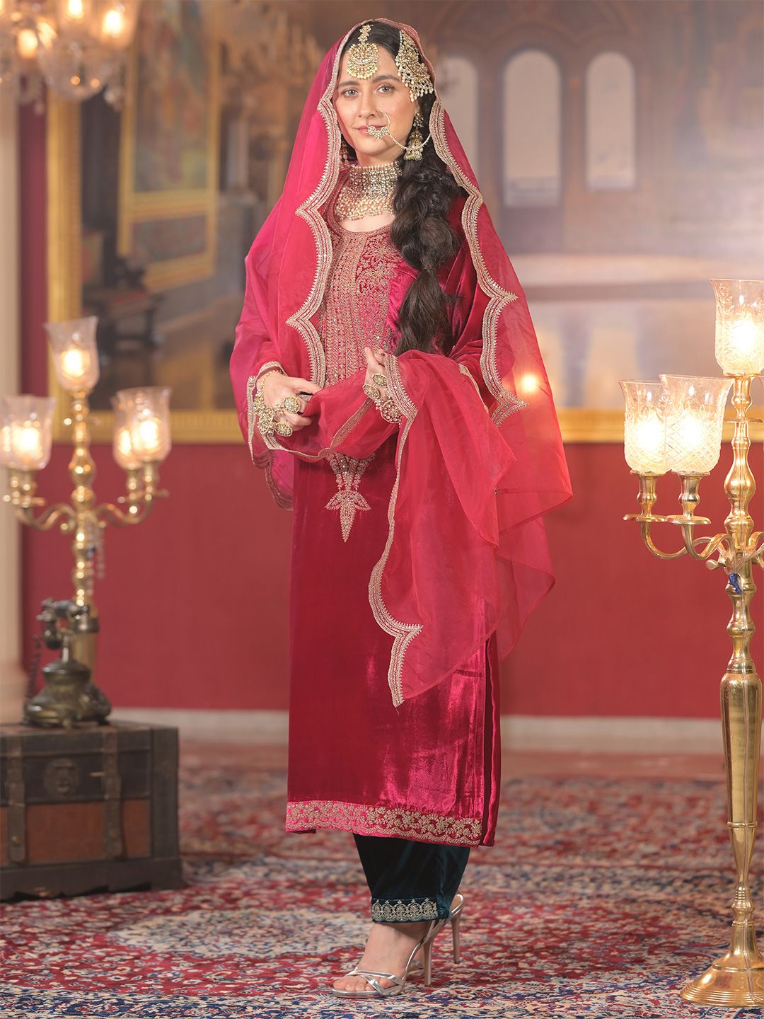 Dhiyona IE Ethnic Motifs Embroidered Sequinned Velvet Kurta With Trousers & Dupatta