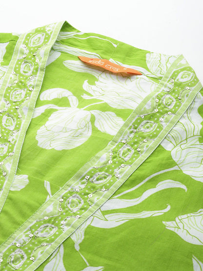 Floral Printed Empire Sequinned Pure Cotton Kurta with Trousers