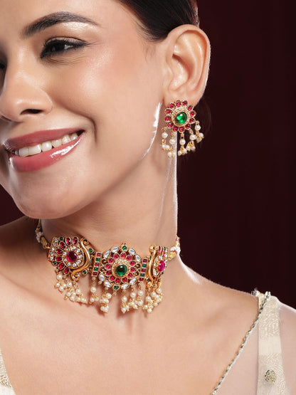 Dhiyona RJ Women's 22K Gold-Plated Emerald & Ruby Pink Kundan Choker Jewellery Set with Pearl Beads
