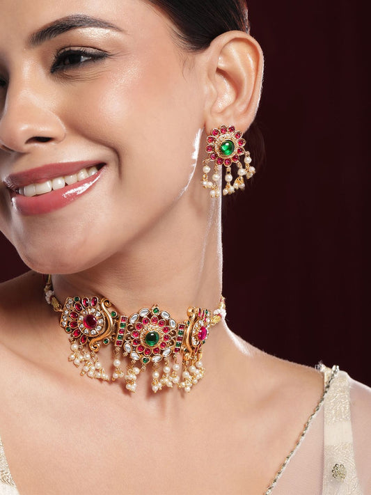 Dhiyona RJ Women's 22K Gold-Plated Emerald & Ruby Pink Kundan Choker Jewellery Set with Pearl Beads