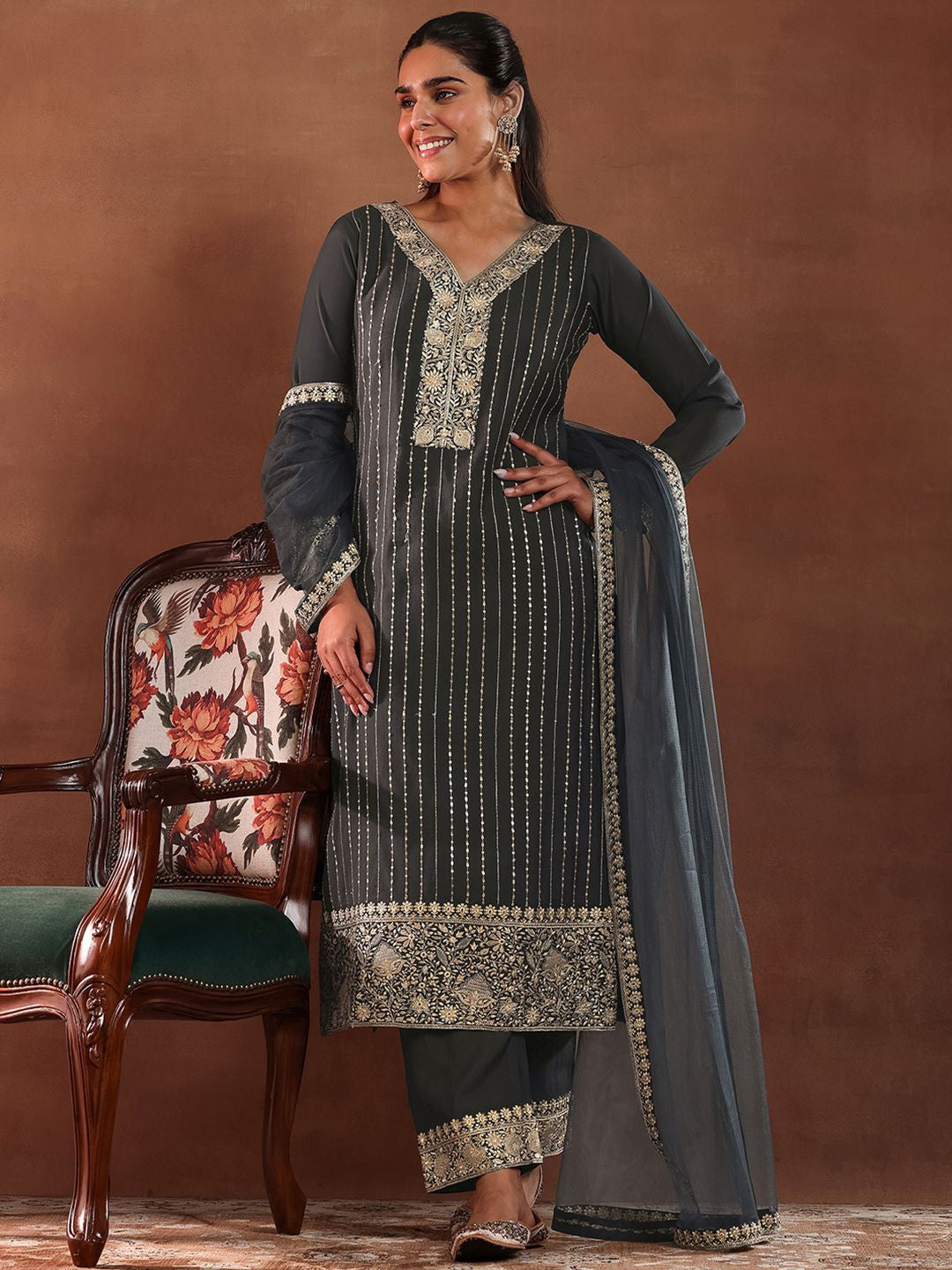 Black and Grey Floral Embroidered Thread Work Kurta with Trouser & Dupatta